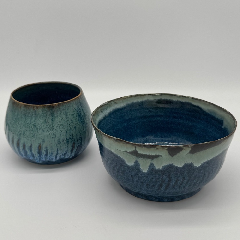 Pottery by Michelle Ceramic Trinket Dish Set Blue Teal Drip Glaze Studio Catchal